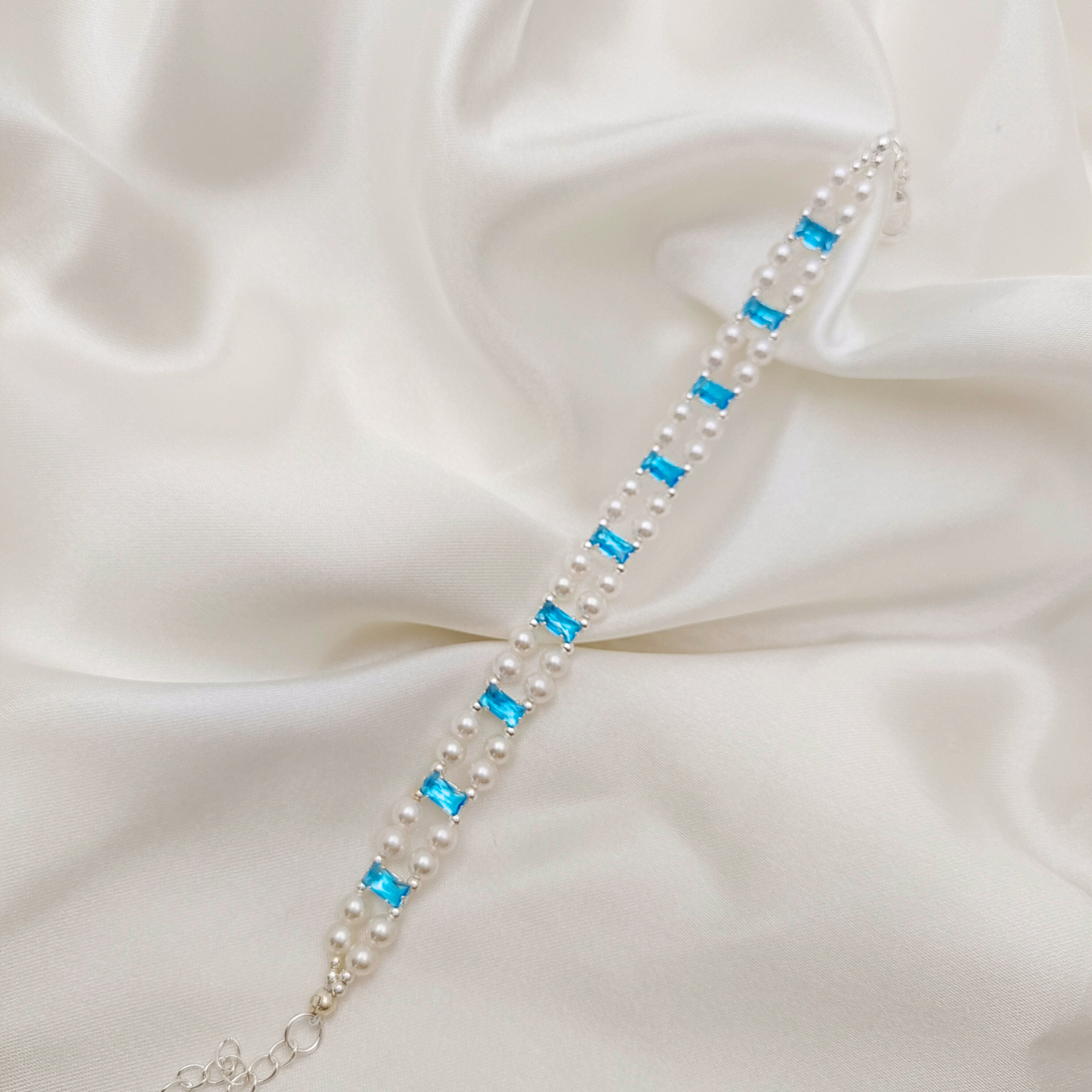 No.37 Celestial Pearl Link Handmade Bracelet | Aquamarine Zircon & Pearl | Finished Jewelry