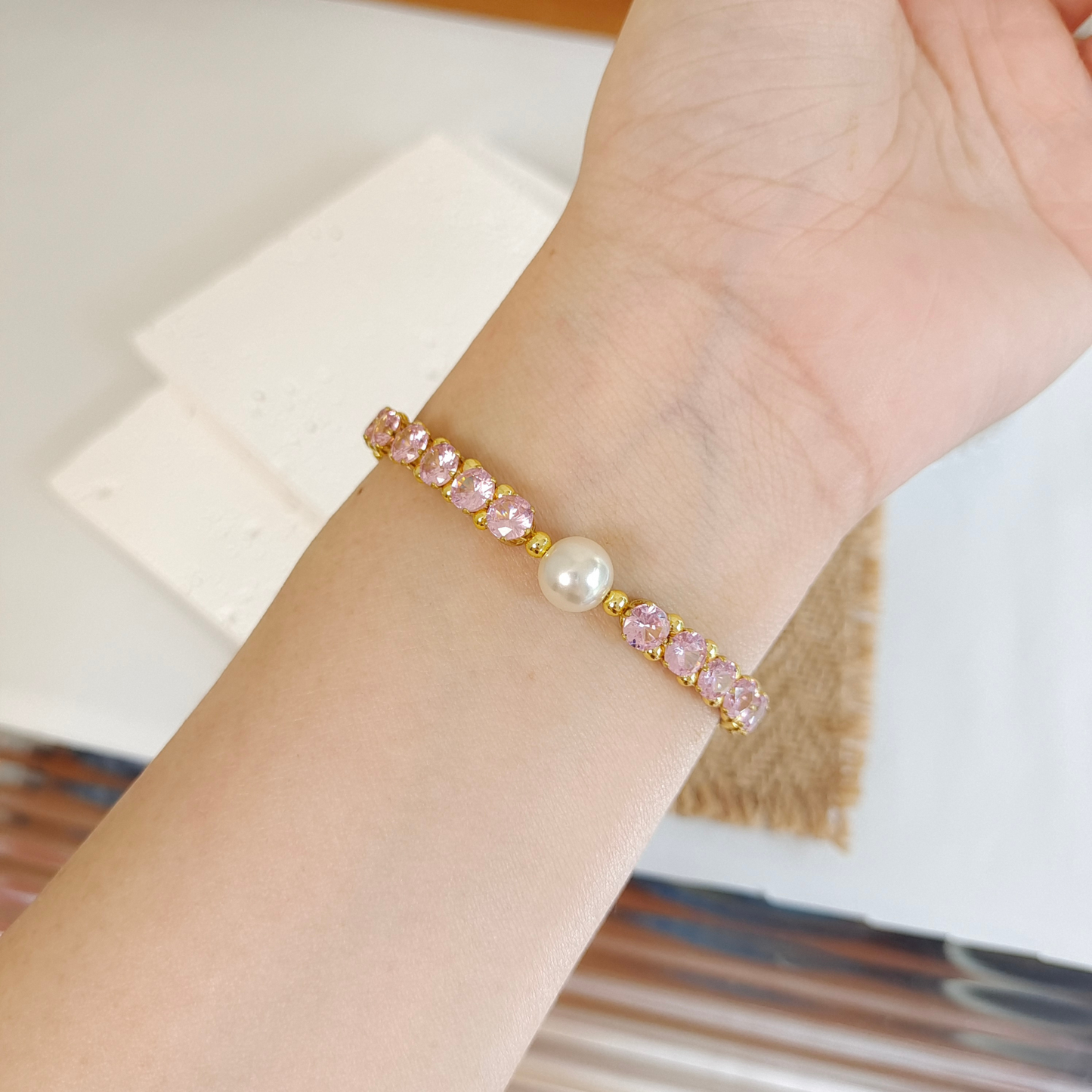 No.47 Lady Pink Handmade Bracelet with Pink Zircon and Pearl – Gold Finish