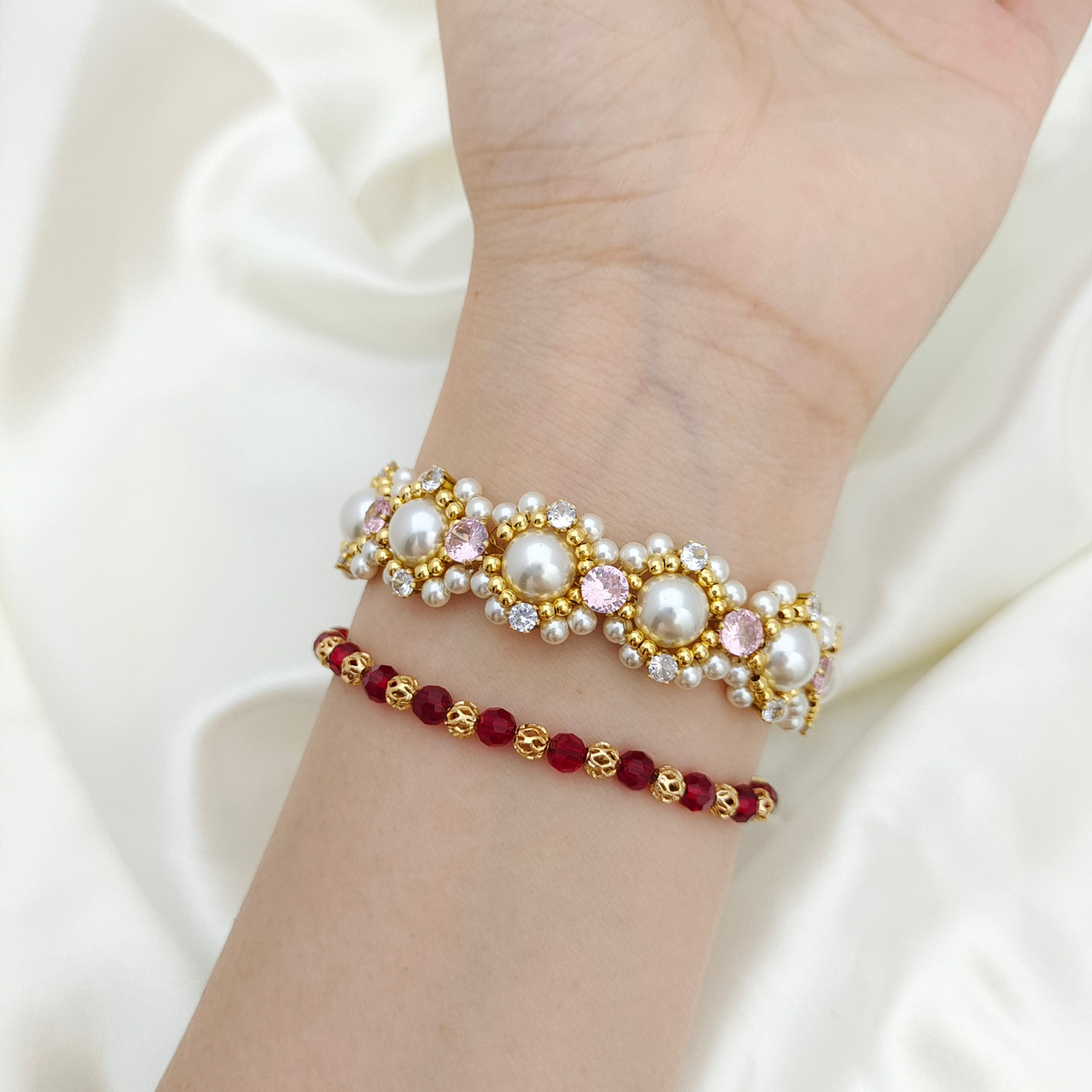 No.54 LinaBelle Inspired Premium Handmade Bracelet | Gold, Pink & Pearl | Finished Jewelry