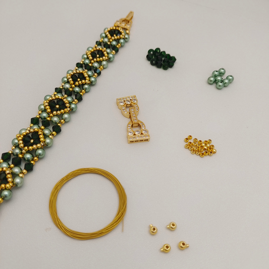 【No.66】DIY Bracelet Kit – Avocado with Pearls, Crystals & Horseshoe Clasp