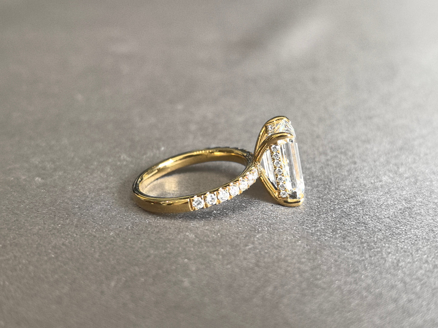 Emerald Cut Lab Grown Diamond Ring | Half Eternity Band & Hidden Halo