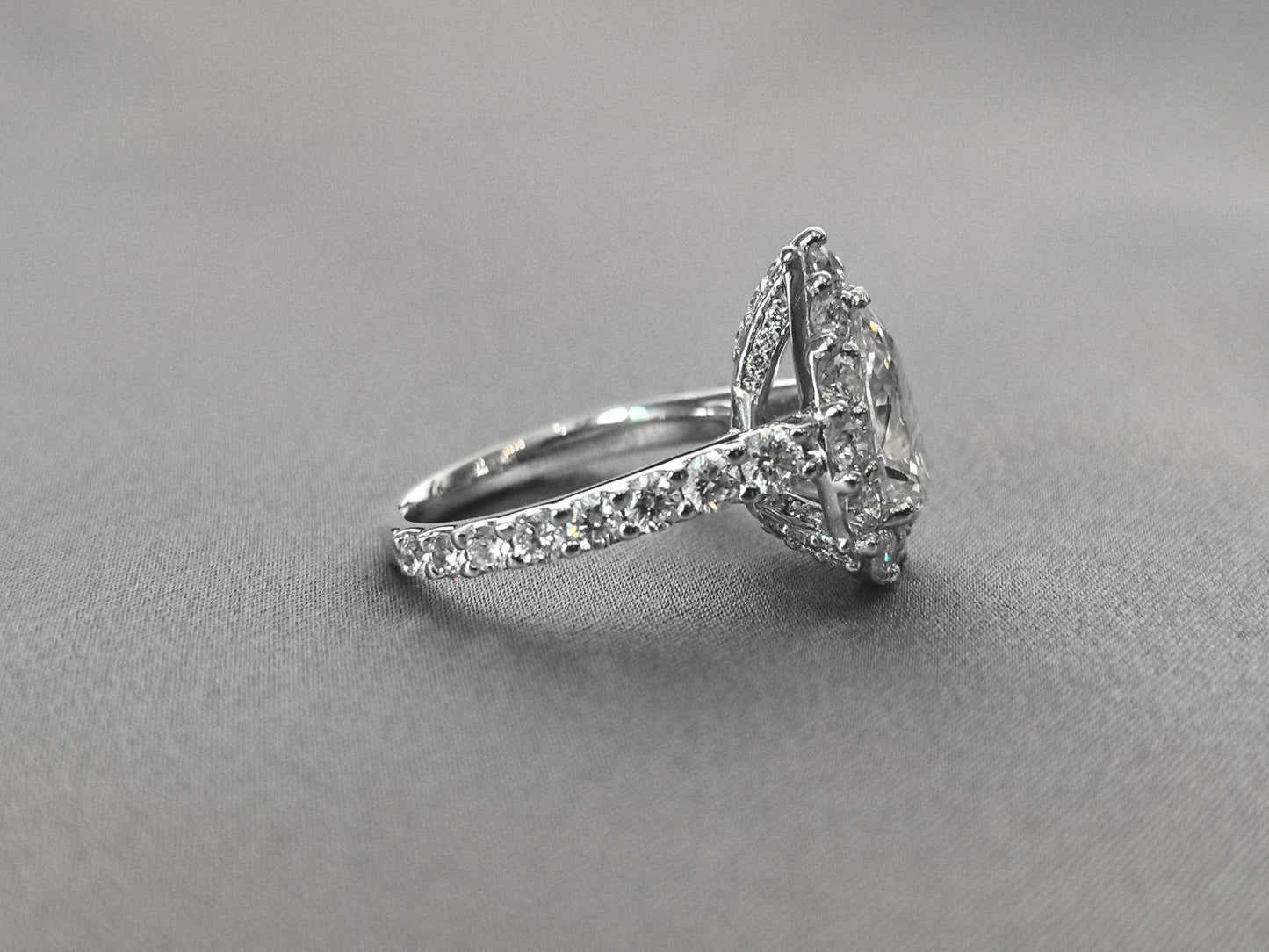 Pear Cut Lab Grown Diamond Ring | Full Halo & 2/3 Pavé Band
