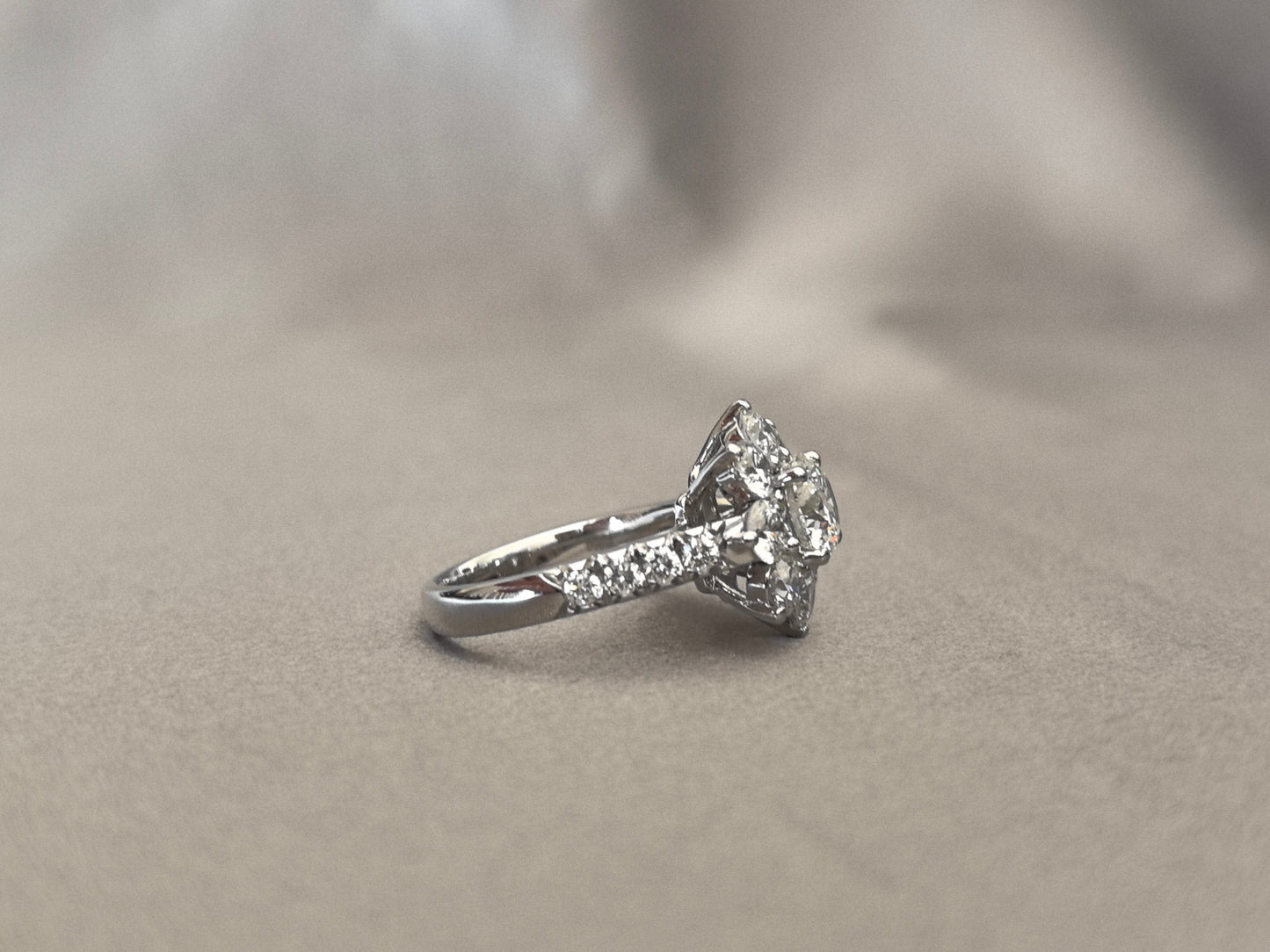 1.08 Carat Round Lab-Grown Diamond Platinum Ring | Sunflower Shape | 1/3 Eternity Pave Setting