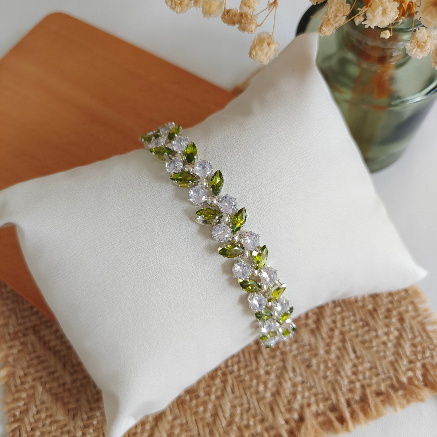 No.36 Olive Branch DIY Bracelet Kit β Silver Claw Pink & Green marquise zircon beads