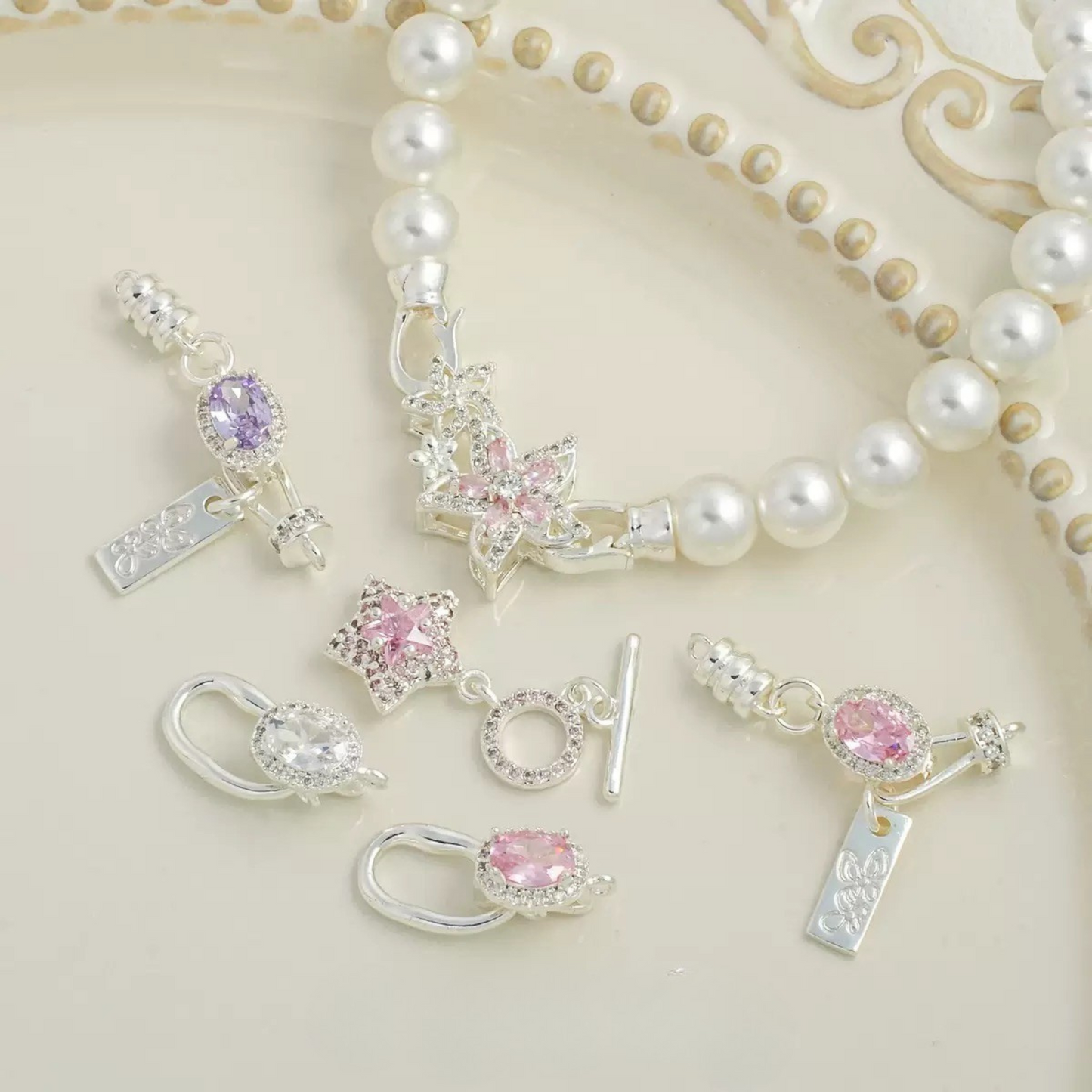 【B08】DIY Clasp Set – Silver-Plated OT Clasp, Lobster Clasp, and Hook Clasp with Star/Oval CZ Charms – Jewelry Making Supplies