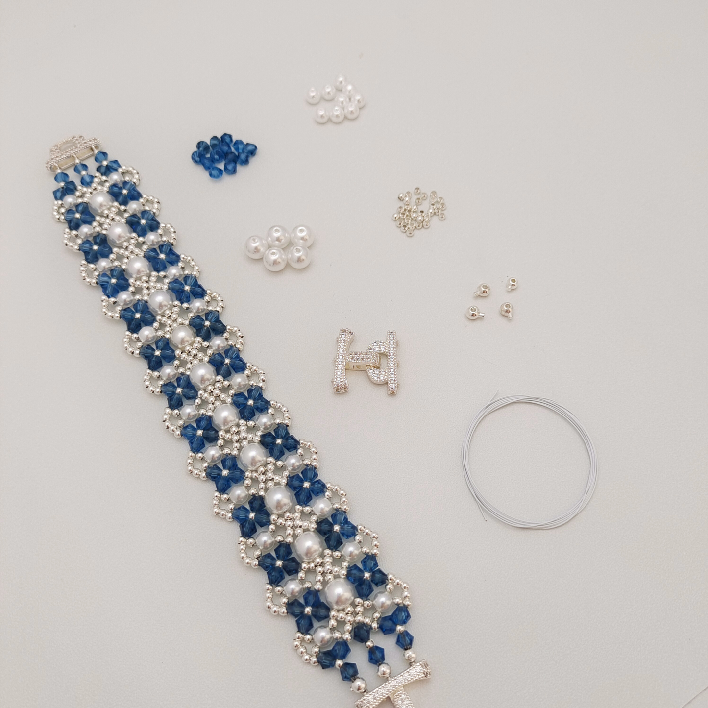 No.54 DIY Bracelet Kit – “French Lace” Beaded Pearl & Crystal Bracelet with 3-Row Clasp