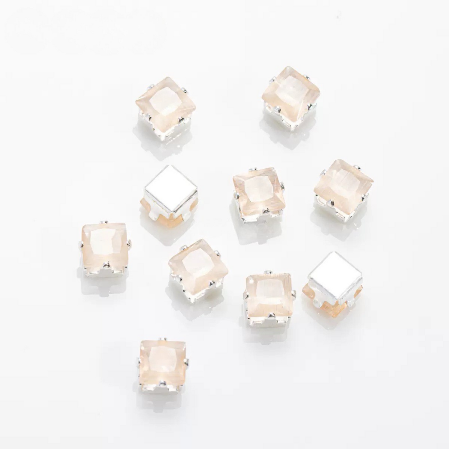【C02】50pcs Aurora Cat’s Eye Square CZ Beads – 4×4 mm Silver-Plated Prong-Set, DIY Jewelry Supplies
