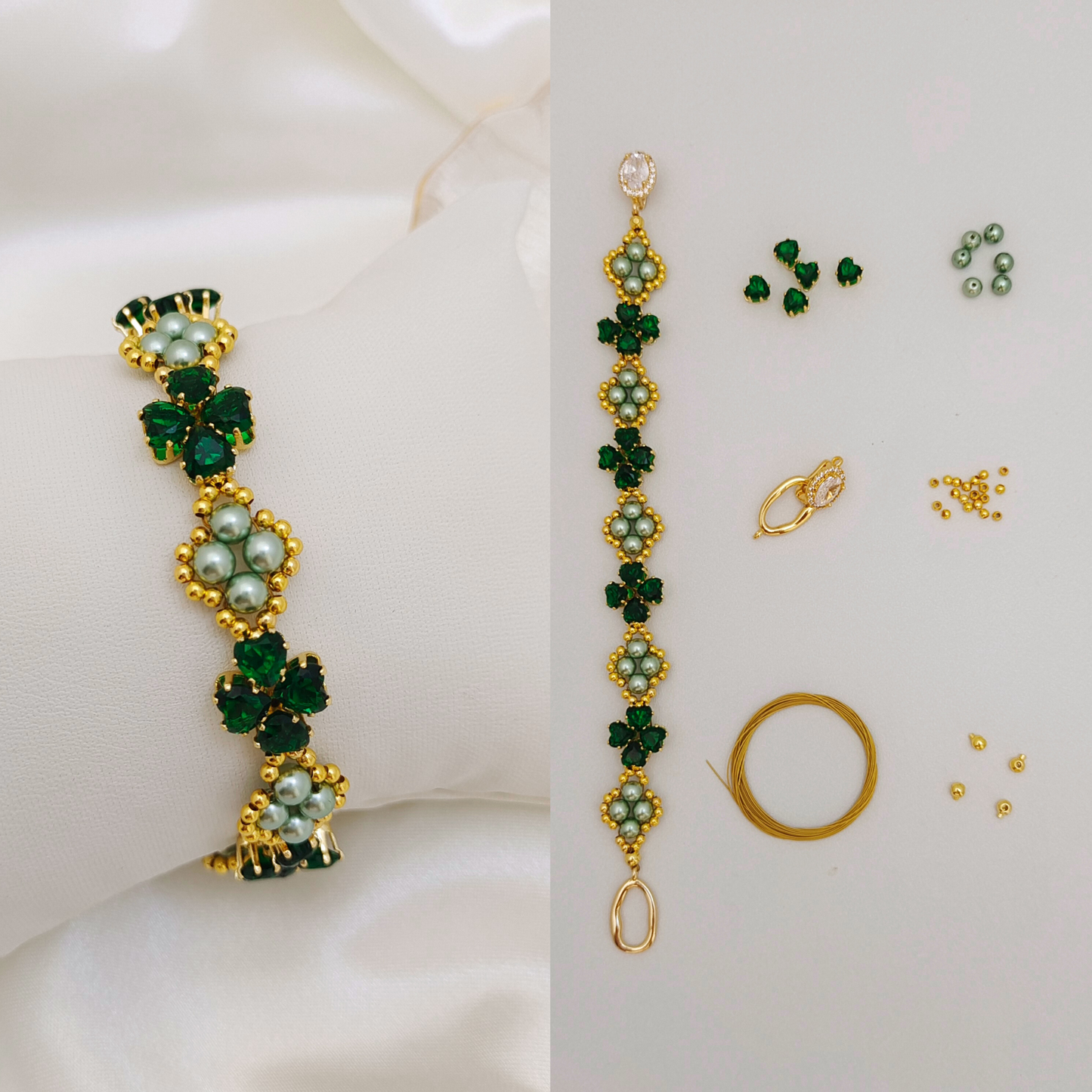 No.52 Clover DIY Bracelet Kit – Heart CZ Beads, Pearls, Oval Clasp & Complete Tutorial