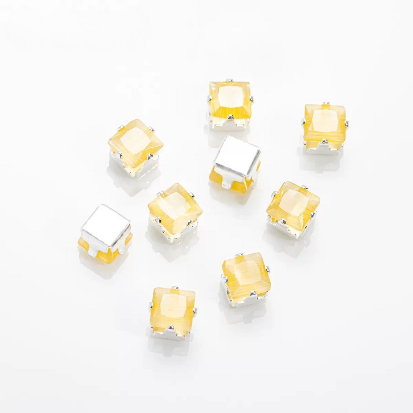 【C02】50pcs Aurora Cat’s Eye Square CZ Beads – 4×4 mm Silver-Plated Prong-Set, DIY Jewelry Supplies