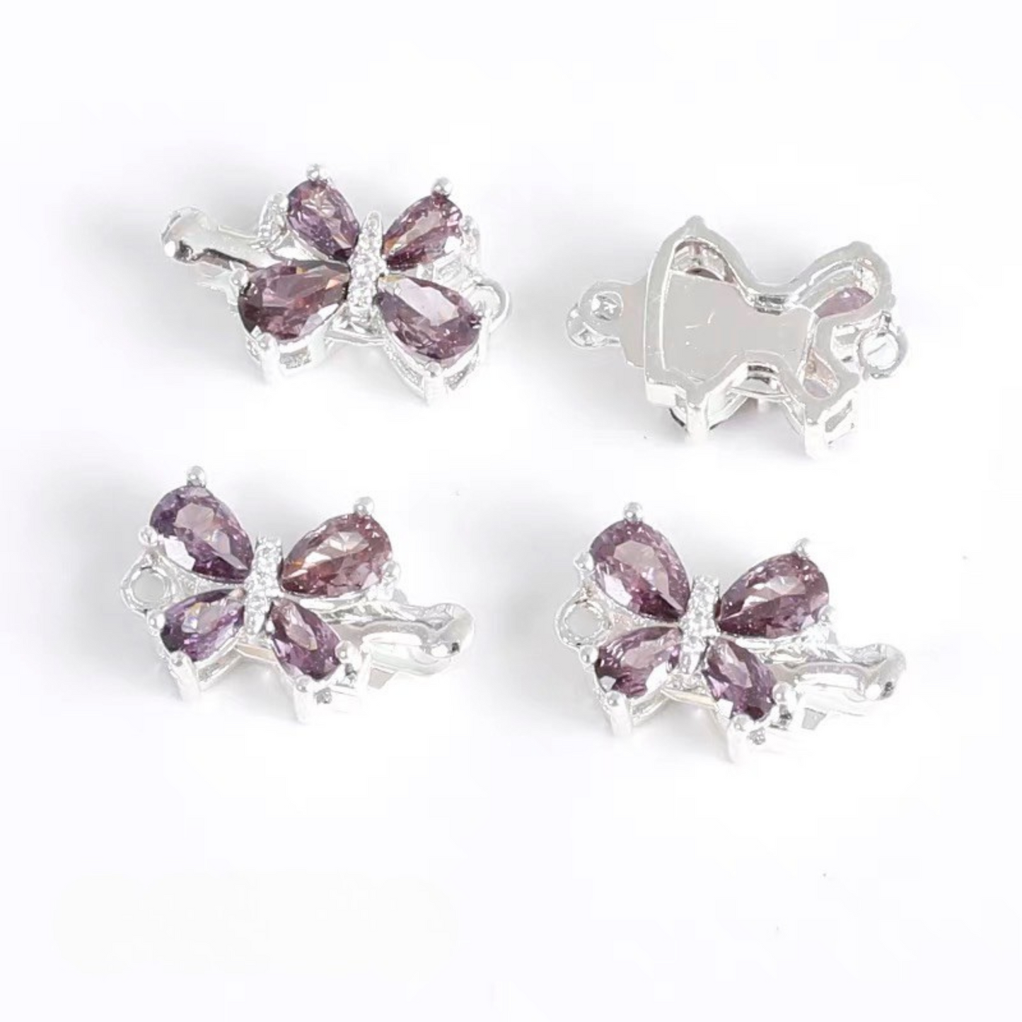 【B05】Butterfly Insert Clasp – 18K Gold/Silver Plated, Purple/Pink Cubic Zirconia, DIY Jewelry Connector