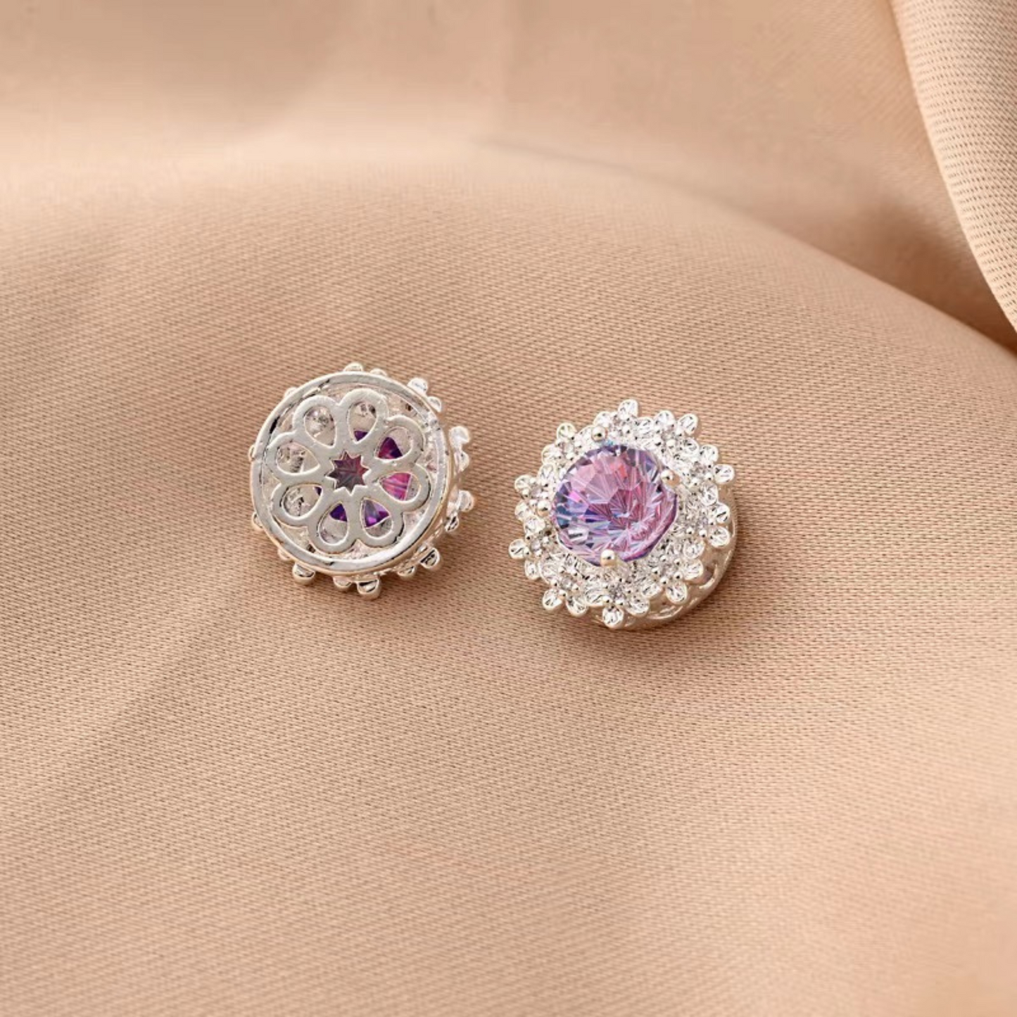 【S04】1PCS 16mm Peach Blossom Firework-Cut CZ Multi-Hole Spacer Bead – Silver-Plated, High-Color-Fast, DIY Jewelry Connector