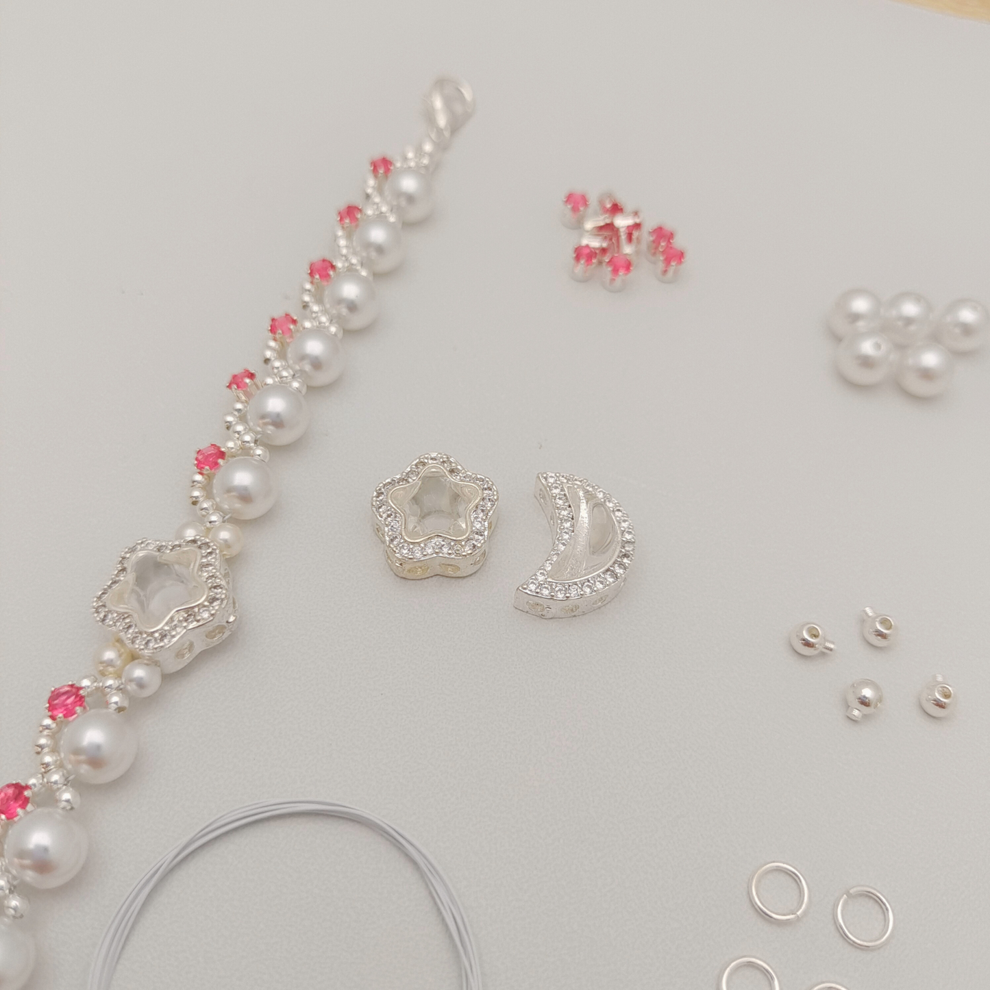 No.41 Star & Moon DIY Bracelet Kit with Pearls & Cubic Zirconia | Complete Jewelry Making Kit