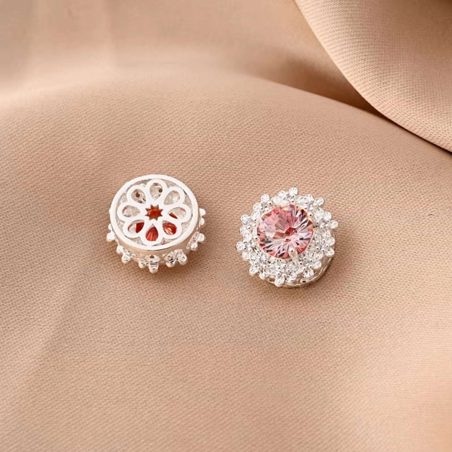 【S04】1PCS 16mm Peach Blossom Firework-Cut CZ Multi-Hole Spacer Bead – Silver-Plated, High-Color-Fast, DIY Jewelry Connector