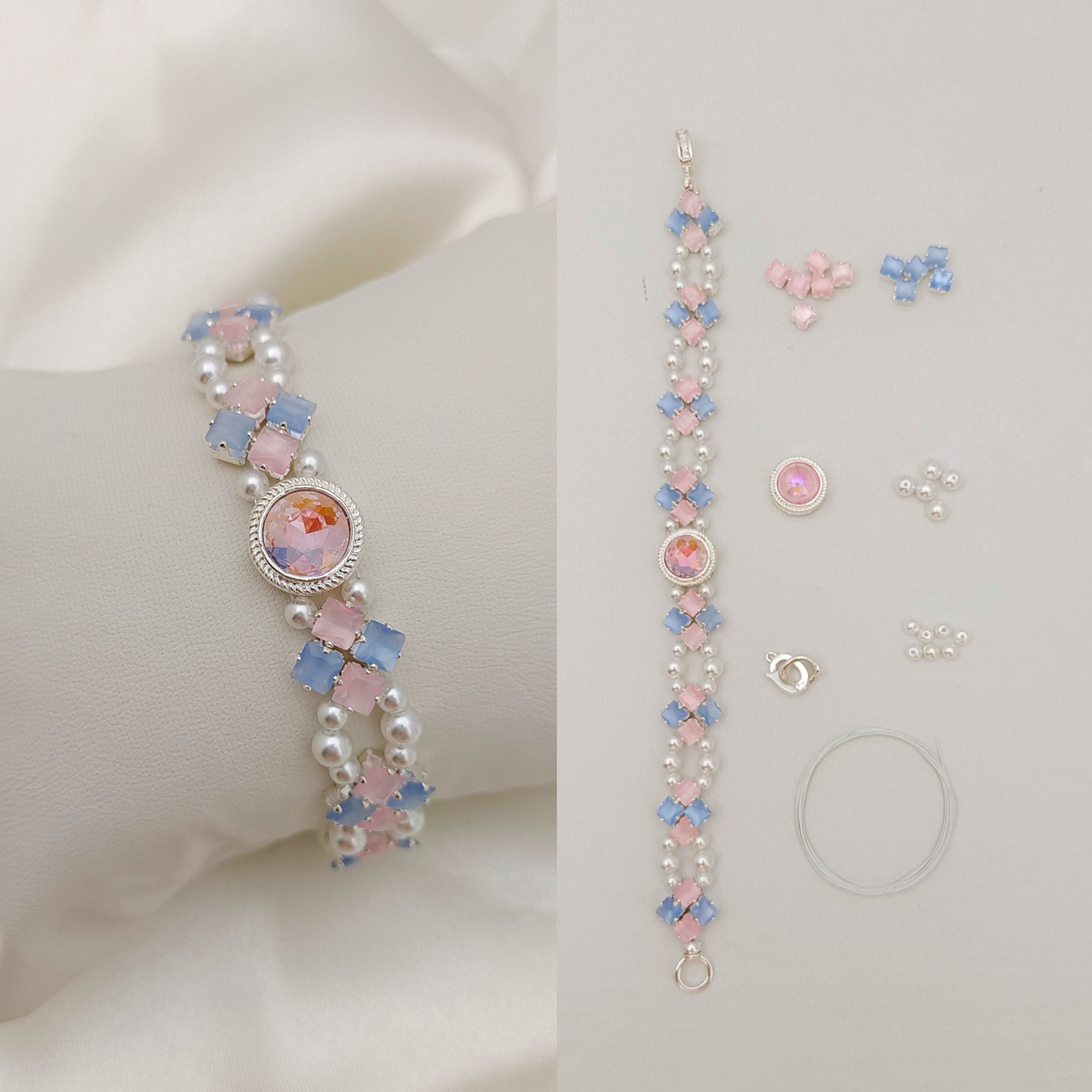 No.61 Cat Eye Clover Double-Layer DIY Bracelet Kit | Pearl & Zircon Beading Set with Full Tutorial