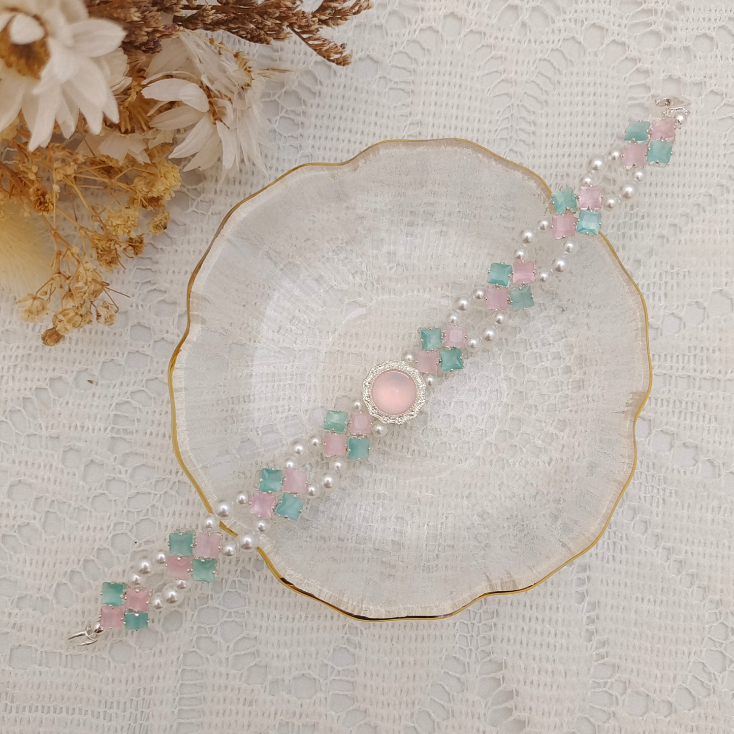 No.61 Cat Eye Clover Double-Layer DIY Bracelet Kit | Pearl & Zircon Beading Set with Full Tutorial