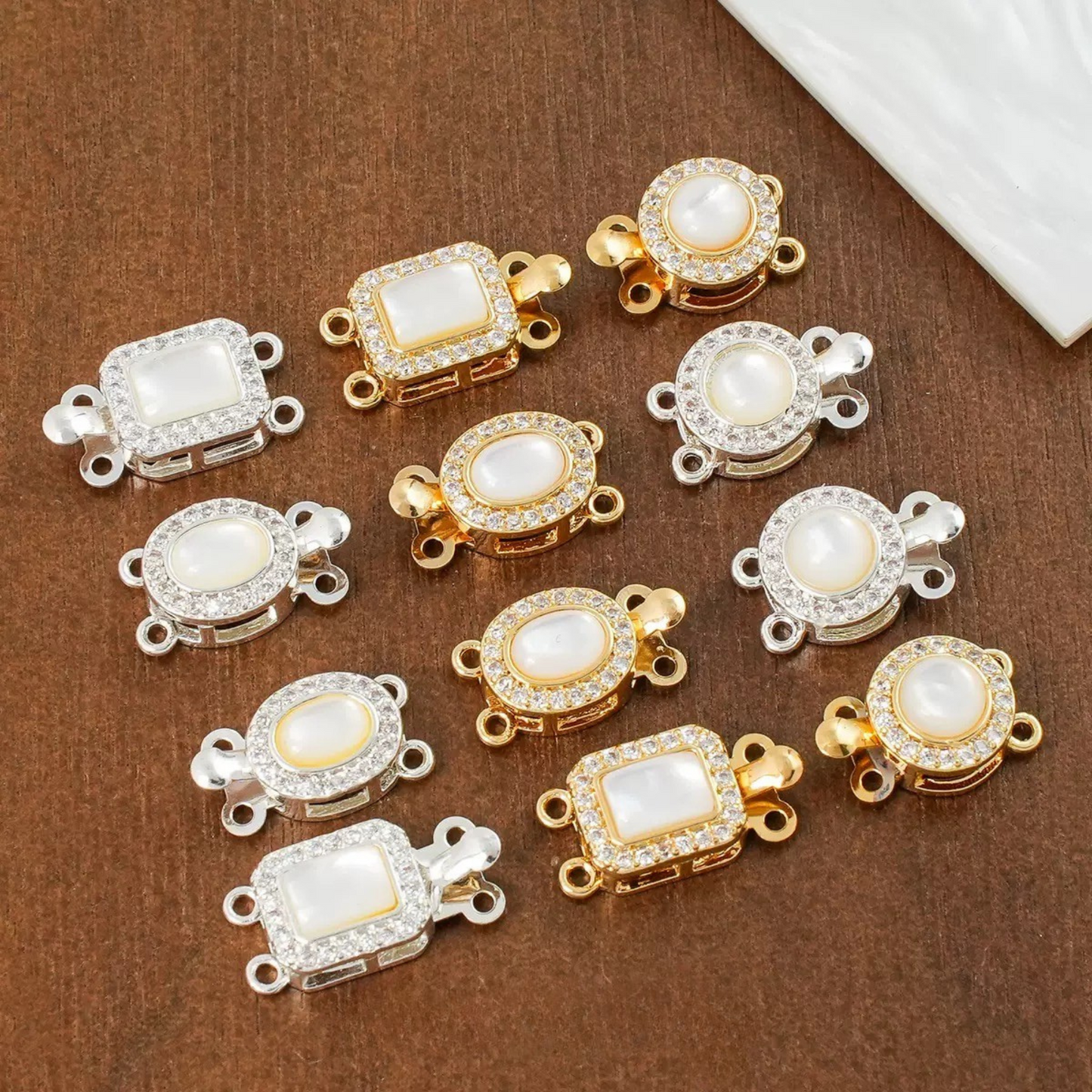 【B06】White Jade Insert Clasp – Double Hole, 18K Gold/Silver Plated, Round/Oval/Square – DIY Jewelry Connector