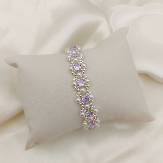 No.62 LilacPearl Handmade Bracelet – Purple CZ, Imitation Pearl, Silver Seed Beads