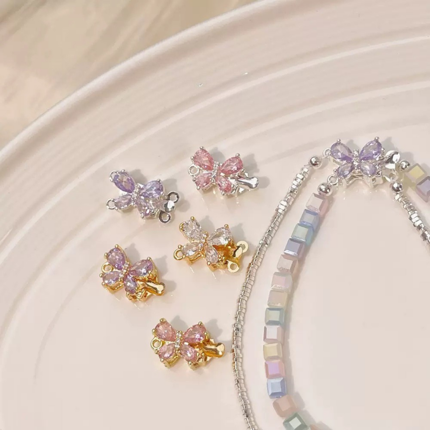 【B05】Butterfly Insert Clasp – 18K Gold/Silver Plated, Purple/Pink Cubic Zirconia, DIY Jewelry Connector
