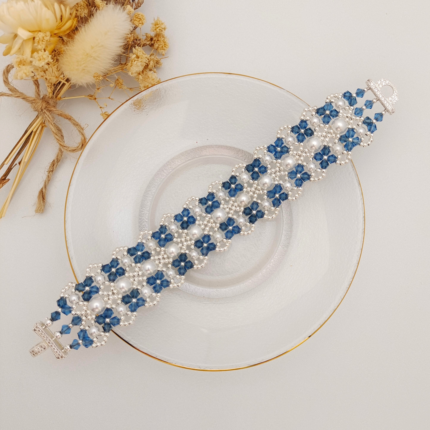 No.54 DIY Bracelet Kit – “French Lace” Beaded Pearl & Crystal Bracelet with 3-Row Clasp