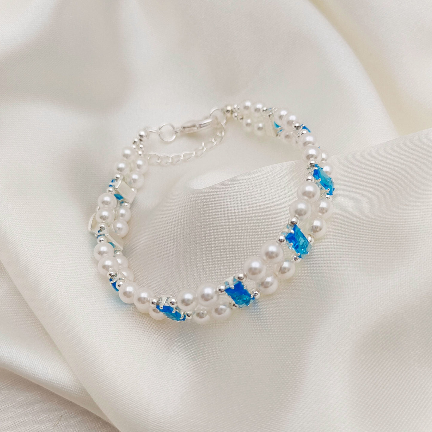 No.37 Celestial Pearl Link Handmade Bracelet | Aquamarine Zircon & Pearl | Finished Jewelry