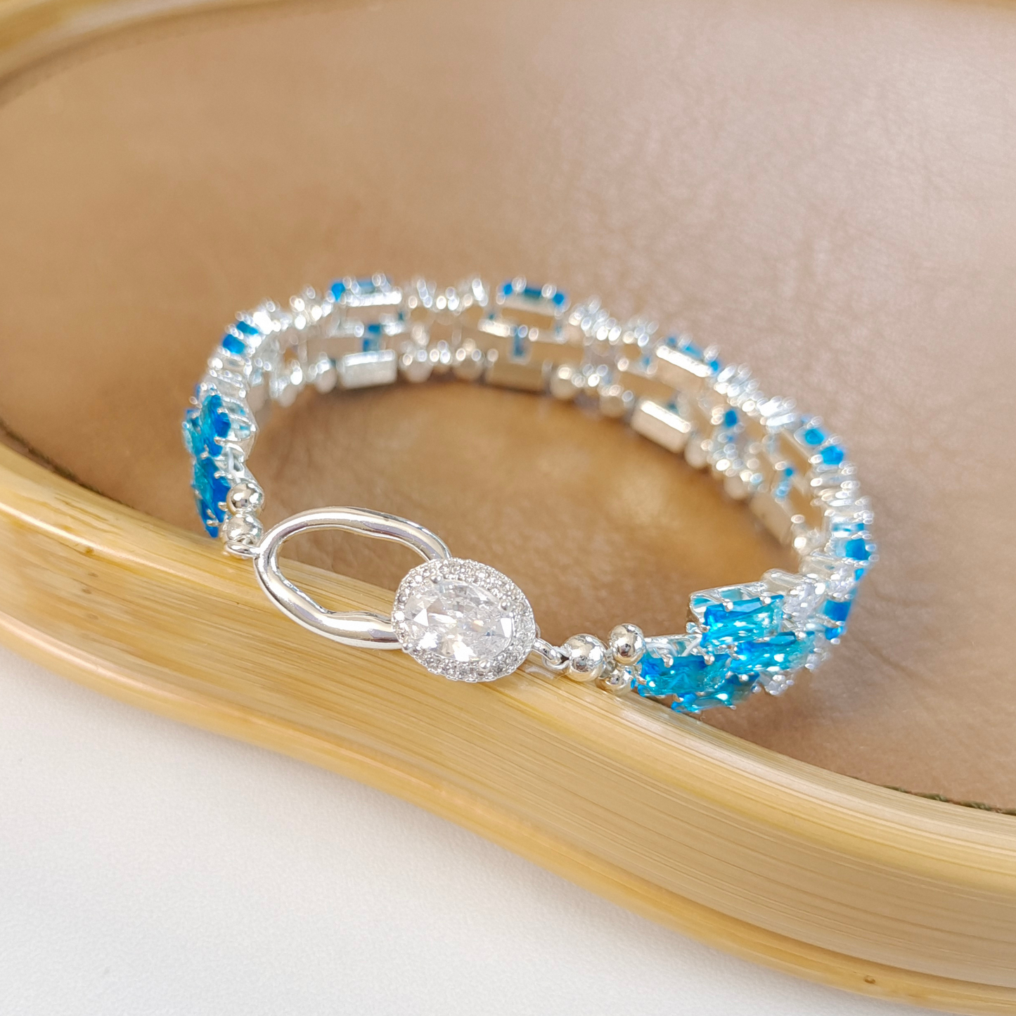 No.38 Handmade Bracelet – Smurf Blue Baguette Zircon & Crystal Bead Bracelet