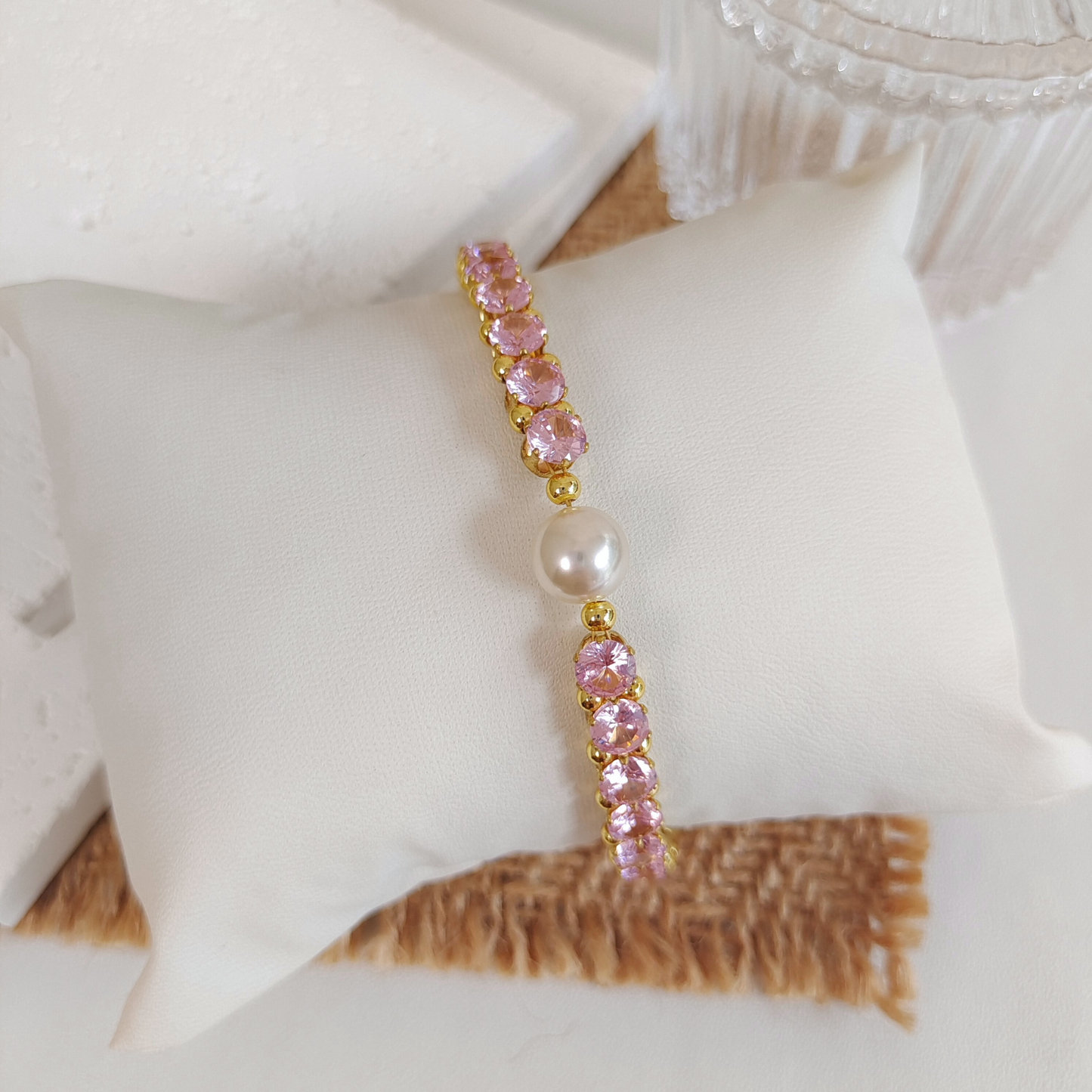 No.15 Lady Pink DIY Bracelet Kit with Pink Zircon and Pearl – Gold Bow Clasp