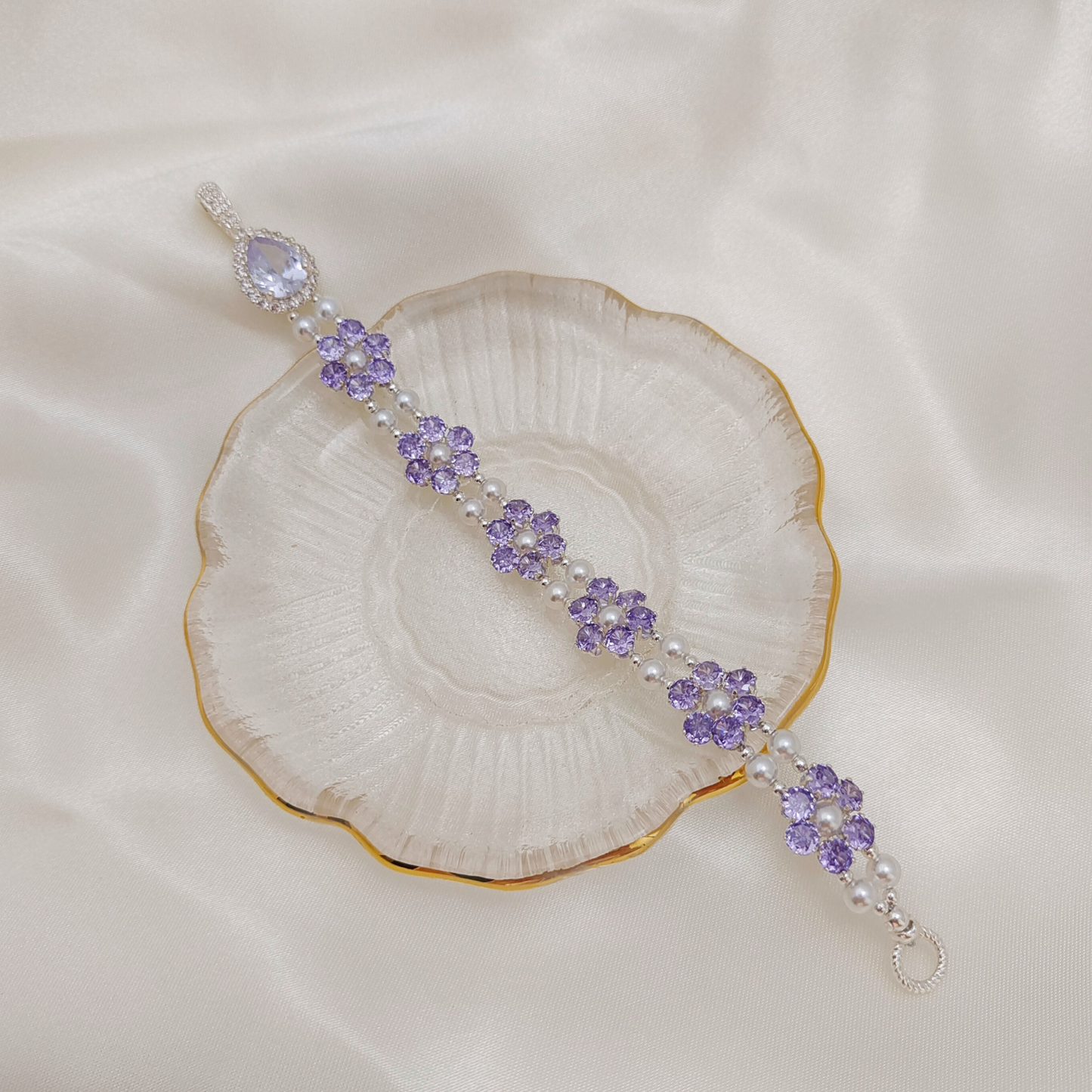 No.69 Purple Daisy Handmade Bracelet – 4mm Purple CZ, Pearls & Drop-Shaped Clasp