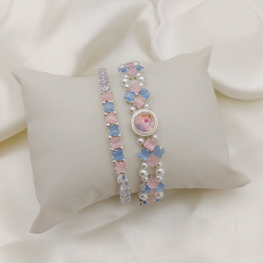 No.61 Cat Eye Clover Double-Layer Handmade Bracelet Finished Piece | Elegant Pink & Blue Pearl Bracelet