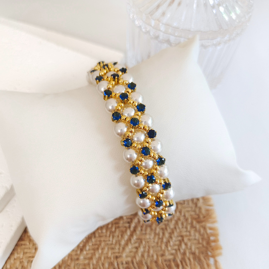 No.45 Handmade Beaded Bracelet – Blue Phantom Design with Pearl & Gold Accents
