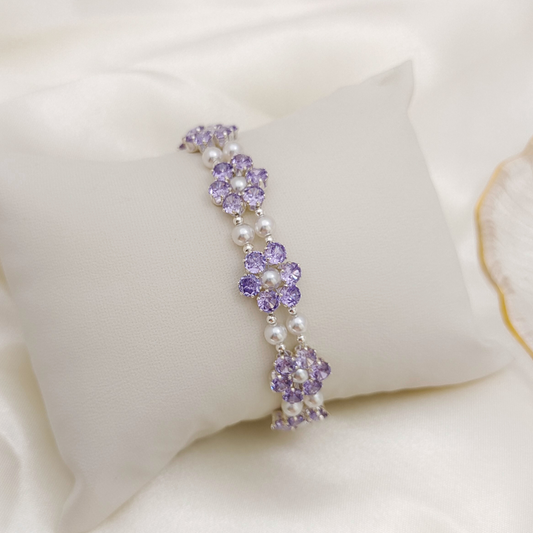 No.69 Purple Daisy Handmade Bracelet – 4mm Purple CZ, Pearls & Drop-Shaped Clasp
