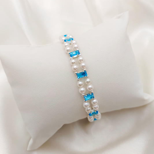 No.37 Celestial Pearl Link Handmade Bracelet | Aquamarine Zircon & Pearl | Finished Jewelry