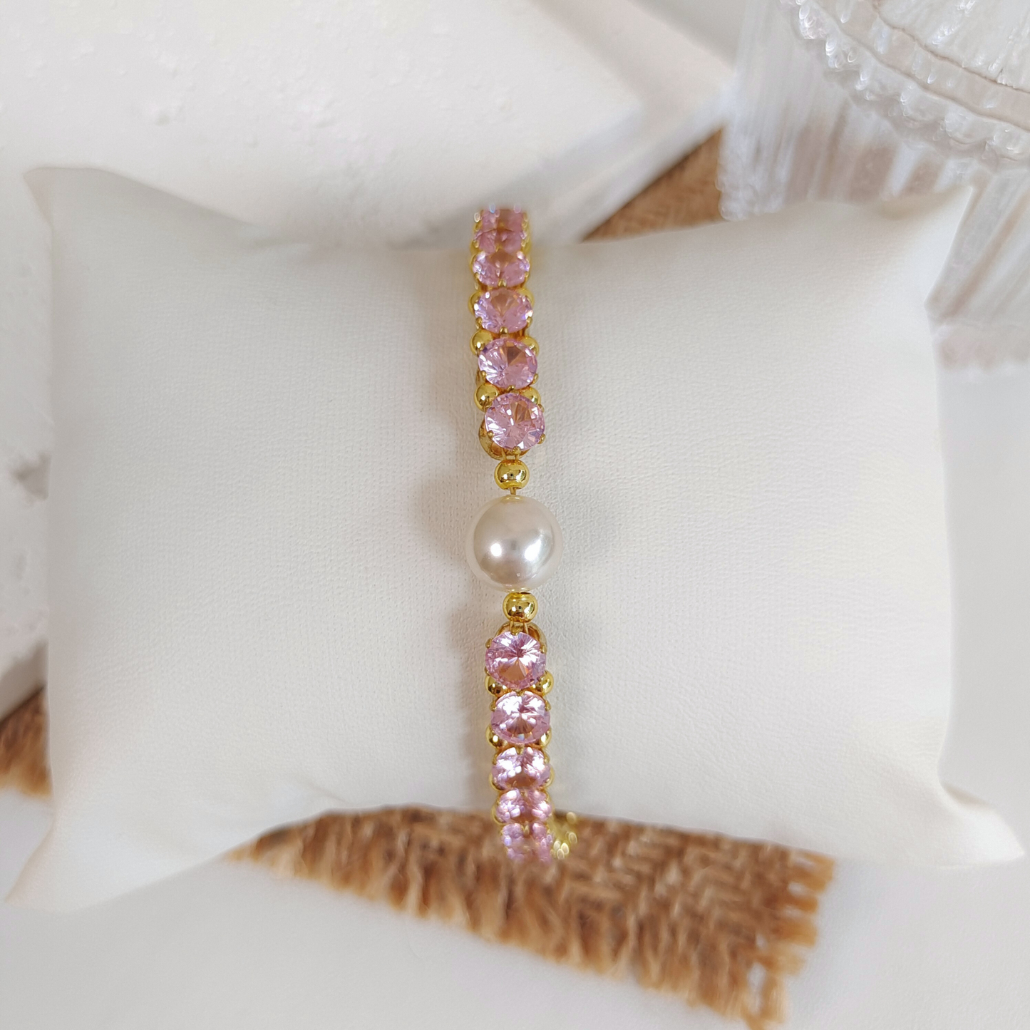 No.47 Lady Pink Handmade Bracelet with Pink Zircon and Pearl – Gold Finish