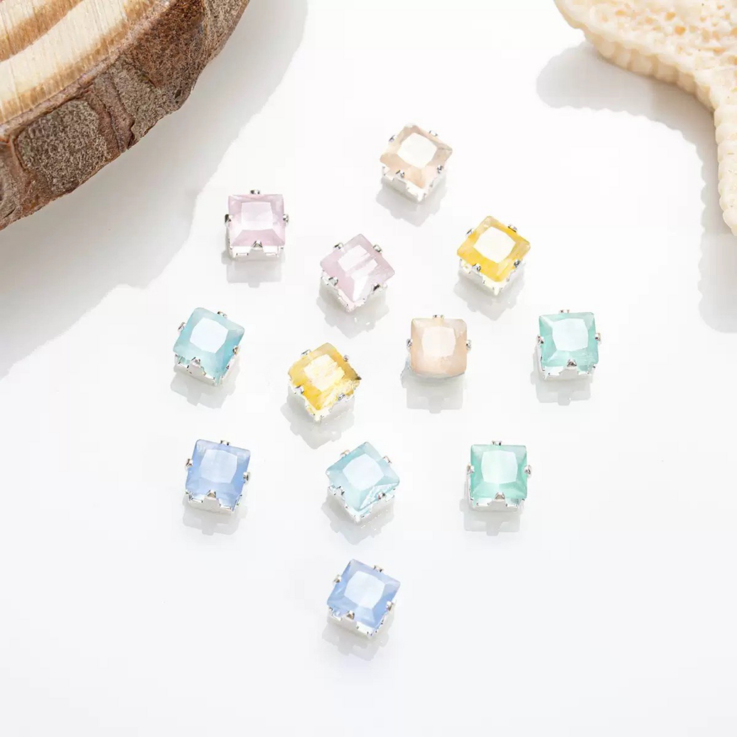 【C02】50pcs Aurora Cat’s Eye Square CZ Beads – 4×4 mm Silver-Plated Prong-Set, DIY Jewelry Supplies