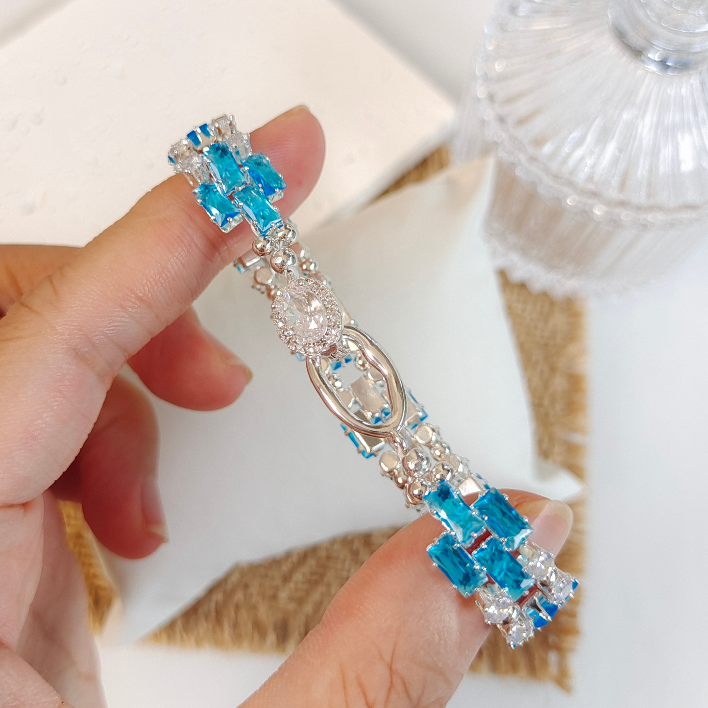 No.38 Handmade Bracelet – Smurf Blue Baguette Zircon & Crystal Bead Bracelet