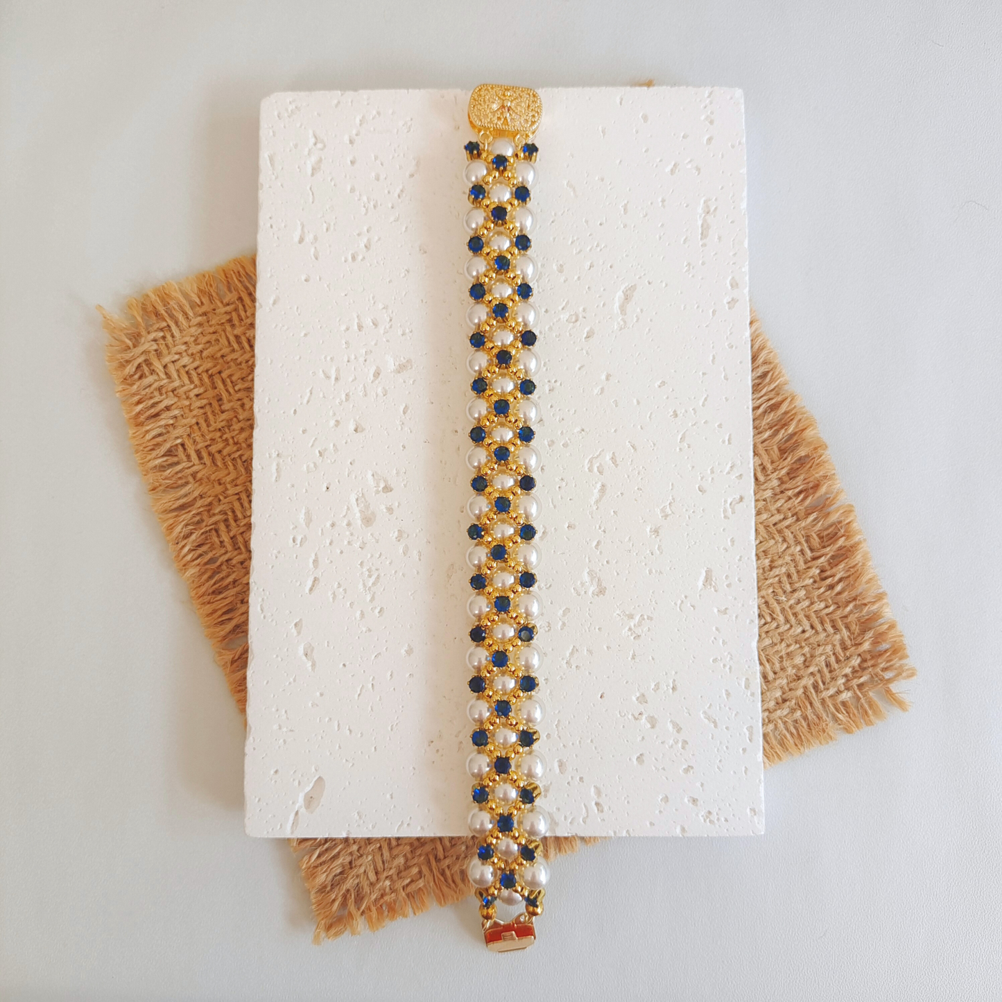 No.45 Handmade Beaded Bracelet – Blue Phantom Design with Pearl & Gold Accents