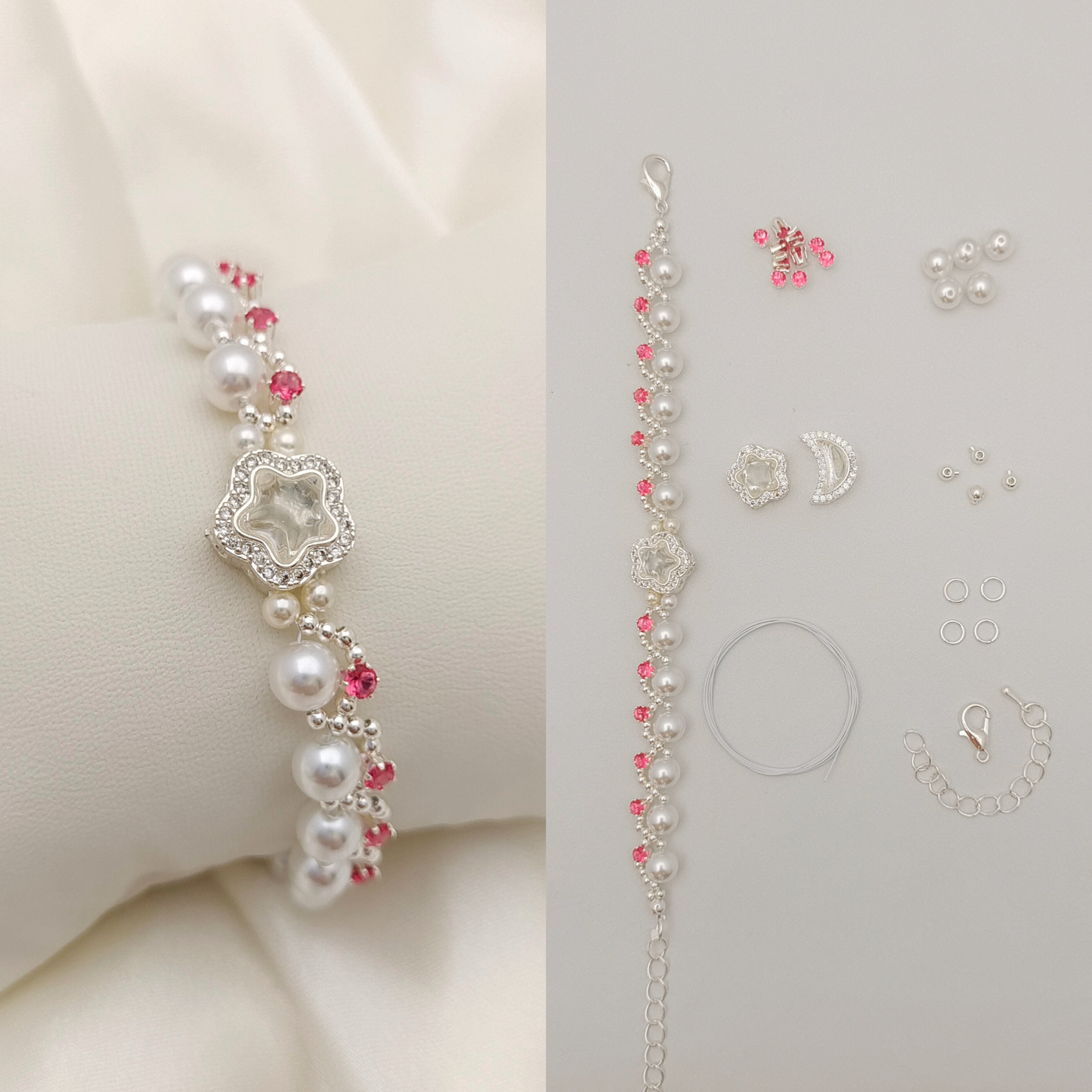 No.41 Star & Moon DIY Bracelet Kit with Pearls & Cubic Zirconia | Complete Jewelry Making Kit