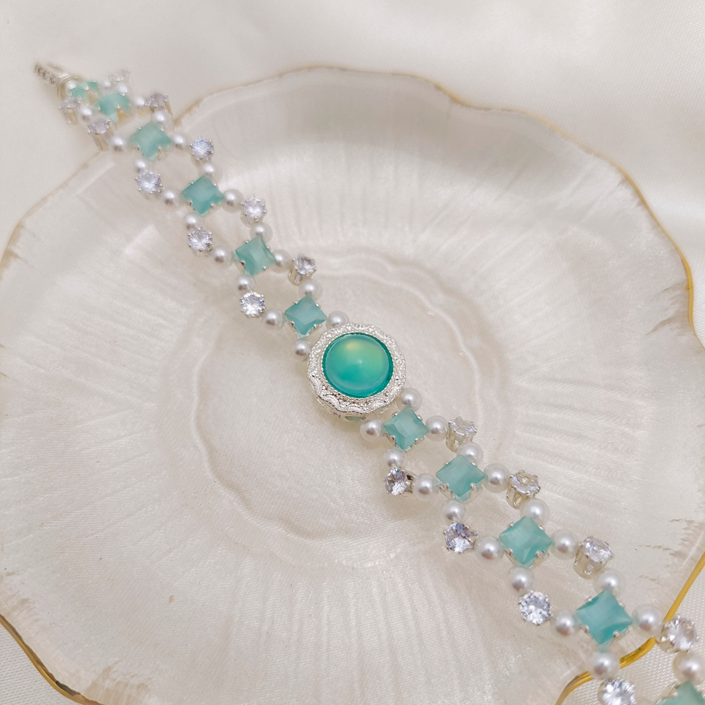 No.68 Persian Cat Handmade Bracelet – Cat’s Eye CZ, White Zircon & Pearl Beaded Jewelry