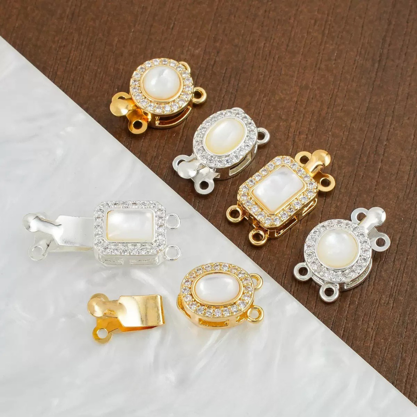 【B06】White Jade Insert Clasp – Double Hole, 18K Gold/Silver Plated, Round/Oval/Square – DIY Jewelry Connector