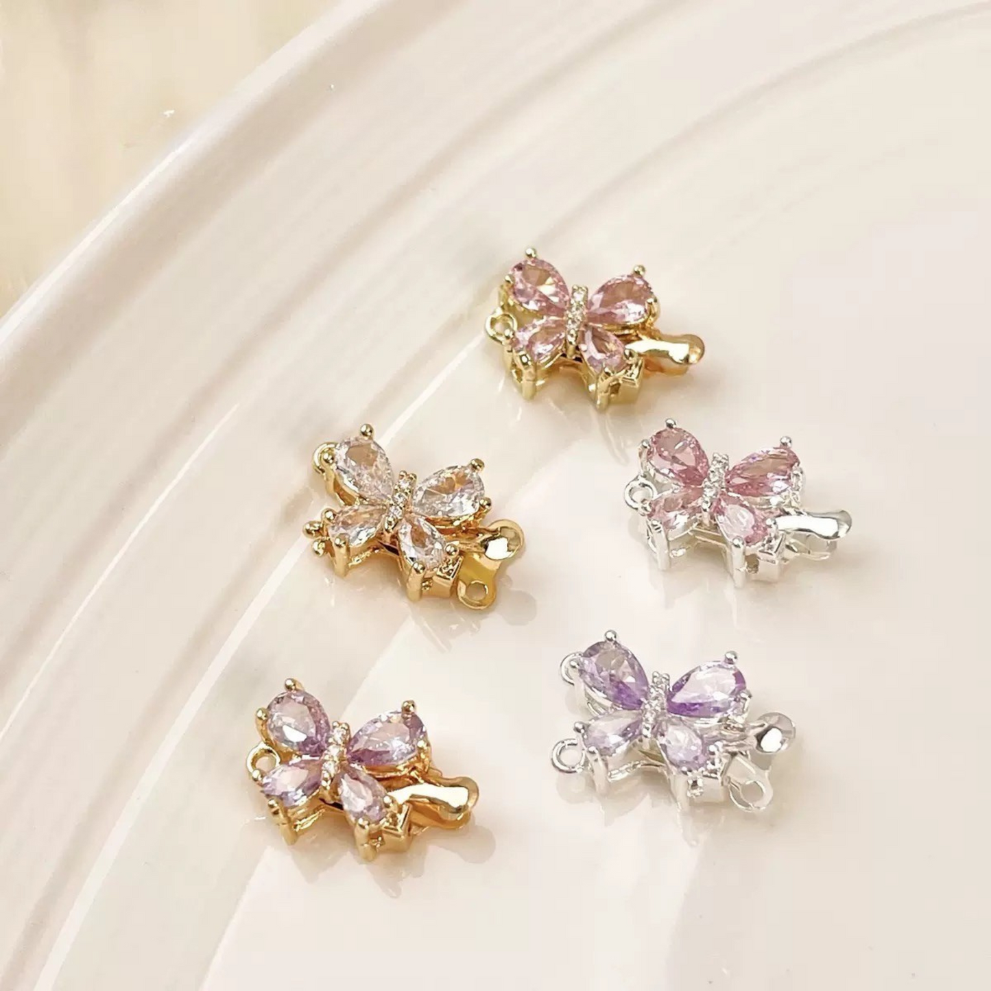【B05】Butterfly Insert Clasp – 18K Gold/Silver Plated, Purple/Pink Cubic Zirconia, DIY Jewelry Connector