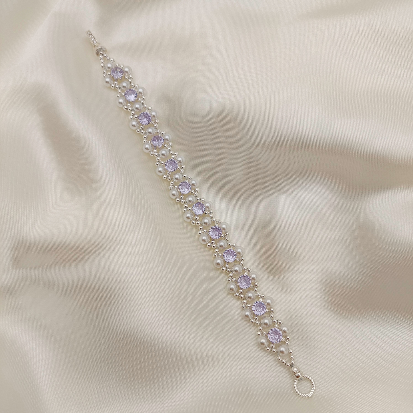 No.62 LilacPearl Handmade Bracelet – Purple CZ, Imitation Pearl, Silver Seed Beads