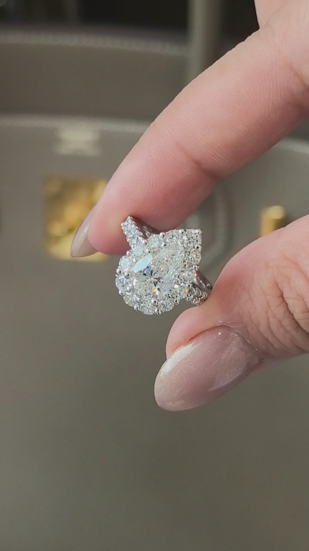 Pear Cut Lab Grown Diamond Ring | Full Halo & 2/3 Pavé Band