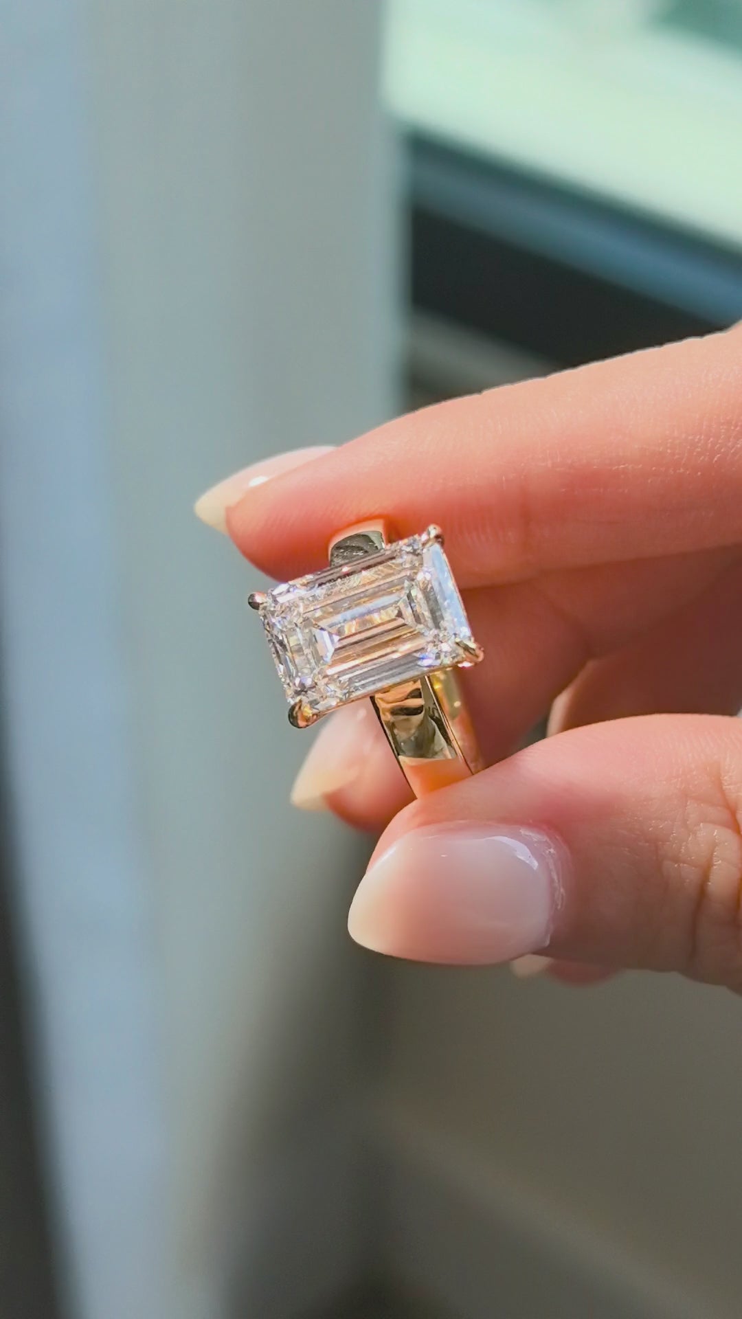 Emerald Cut Lab Grown Diamond Ring | Wide Flat Band Solitaire