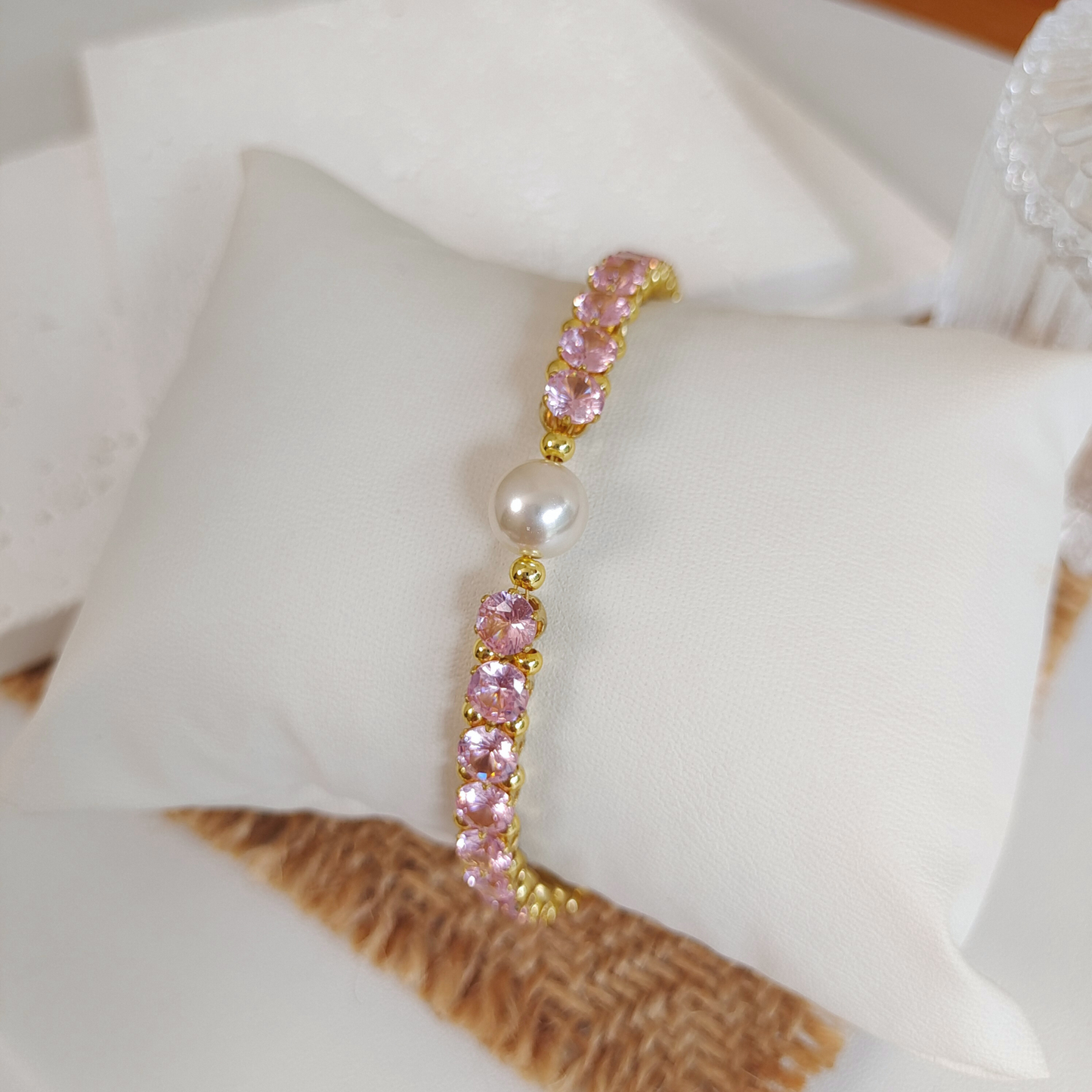 No.47 Lady Pink Handmade Bracelet with Pink Zircon and Pearl – Gold Finish