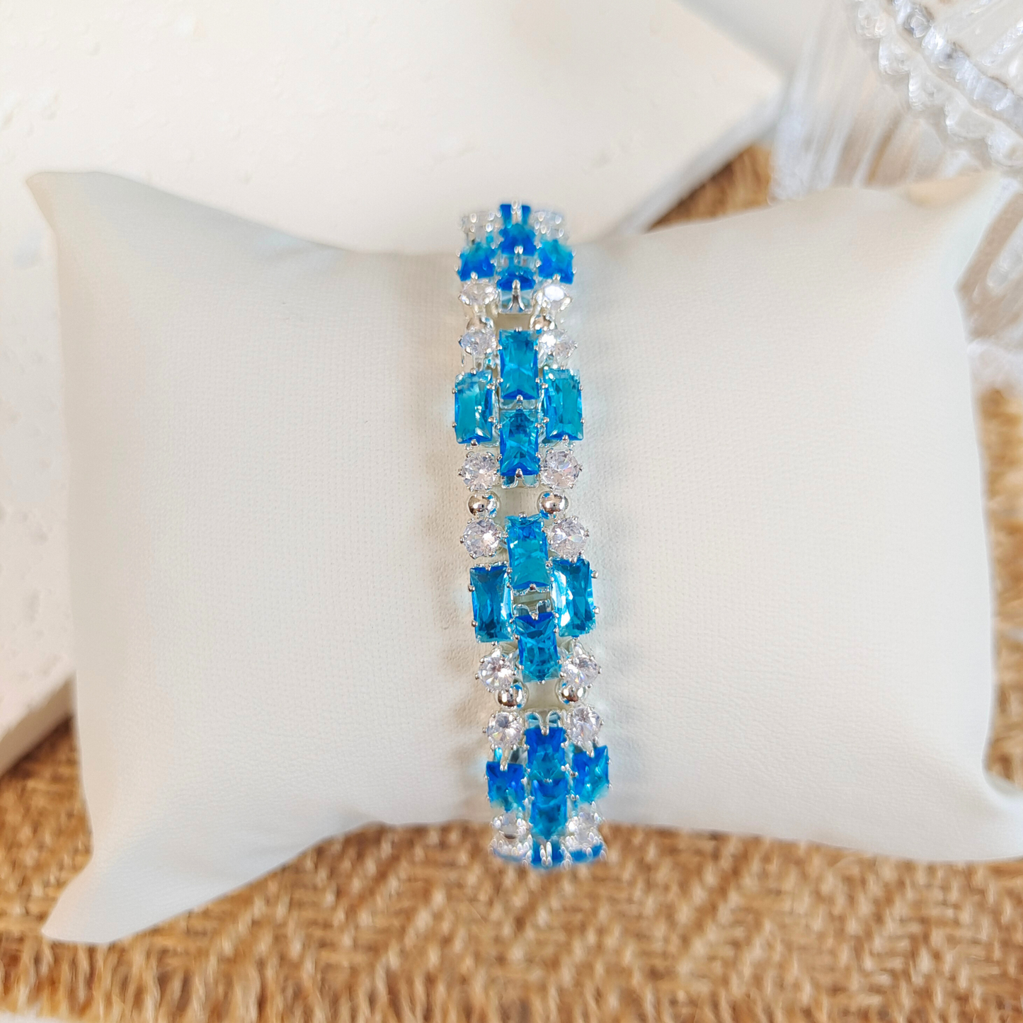 No.38 Handmade Bracelet – Smurf Blue Baguette Zircon & Crystal Bead Bracelet