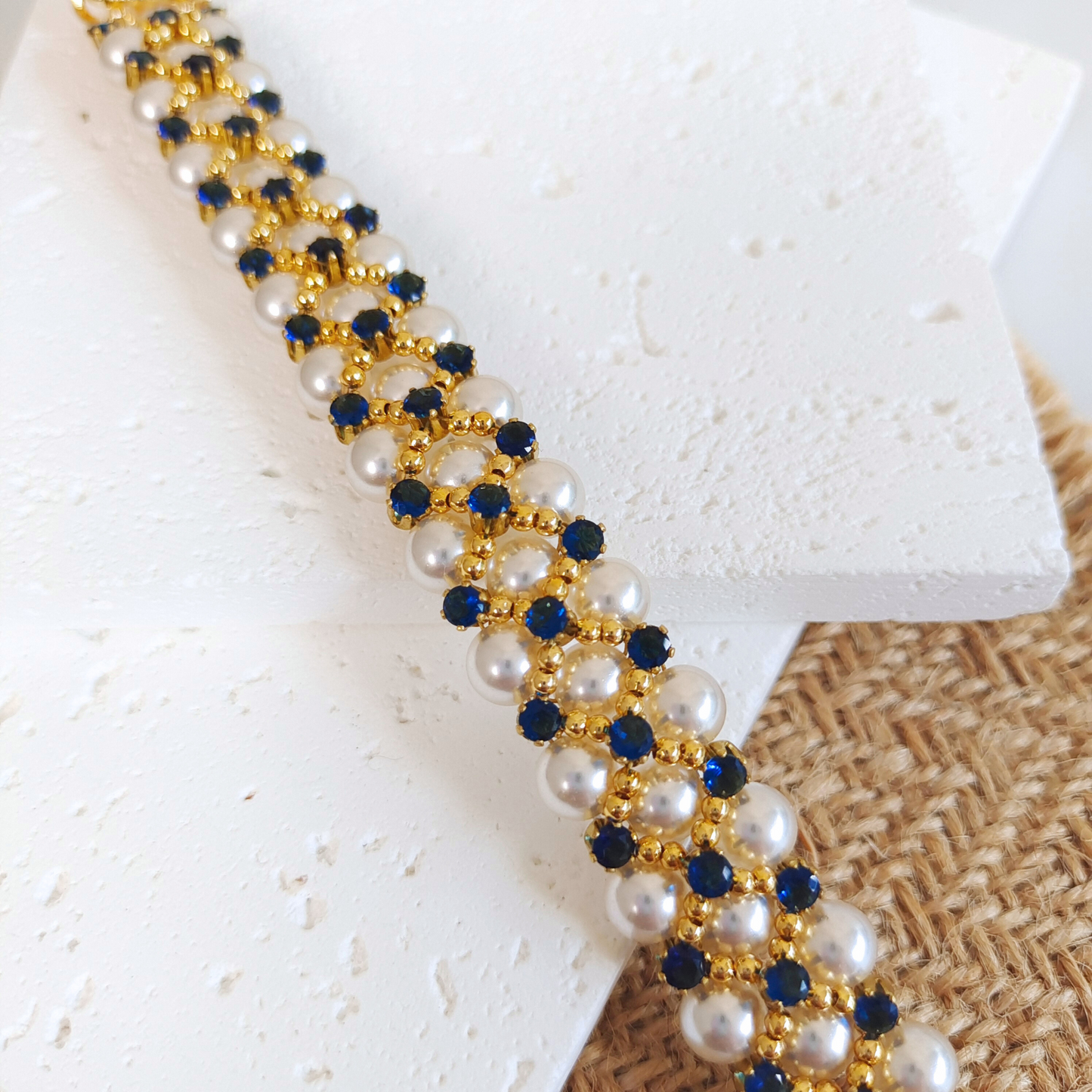 No.45 Handmade Beaded Bracelet – Blue Phantom Design with Pearl & Gold Accents