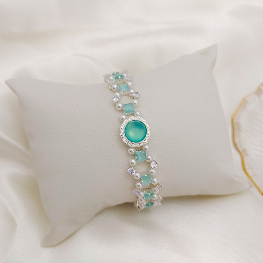 No.68 Persian Cat Handmade Bracelet – Cat’s Eye CZ, White Zircon & Pearl Beaded Jewelry