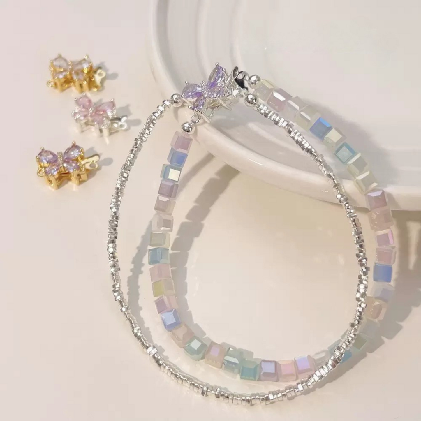 【B05】Butterfly Insert Clasp – 18K Gold/Silver Plated, Purple/Pink Cubic Zirconia, DIY Jewelry Connector