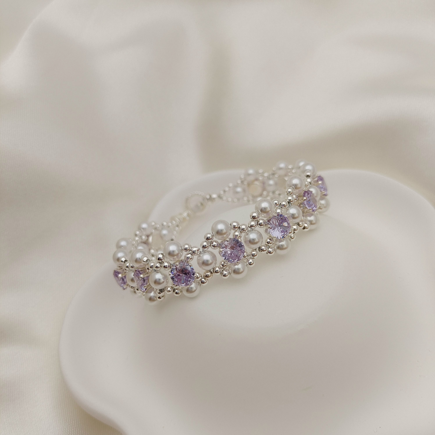 No.62 LilacPearl DIY Bracelet Kit – Purple CZ, Pearl & Silver Seed Beads, Complete Tutorial Included