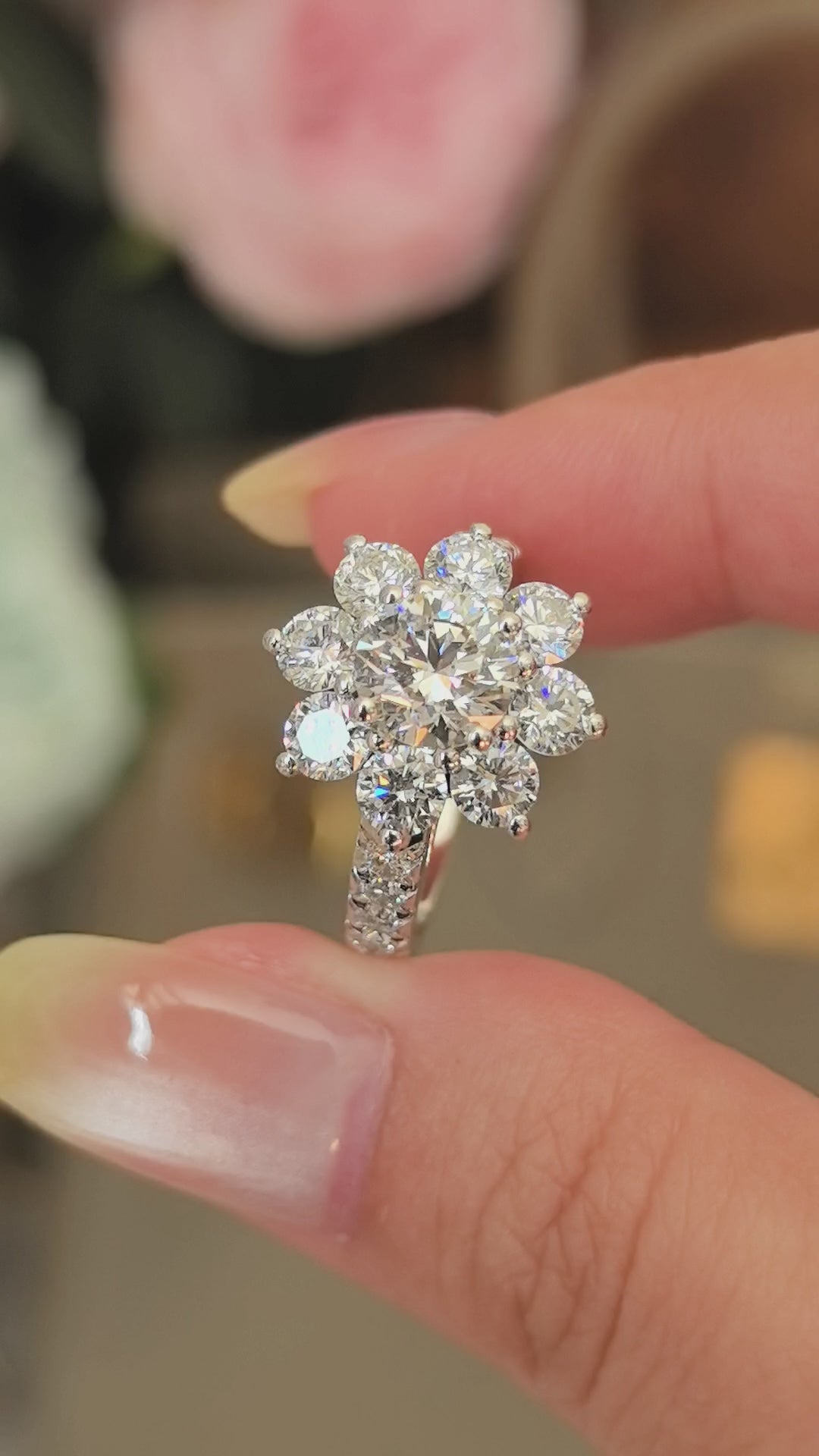 1.08 Carat Round Lab-Grown Diamond Platinum Ring | Sunflower Shape | 1/3 Eternity Pave Setting