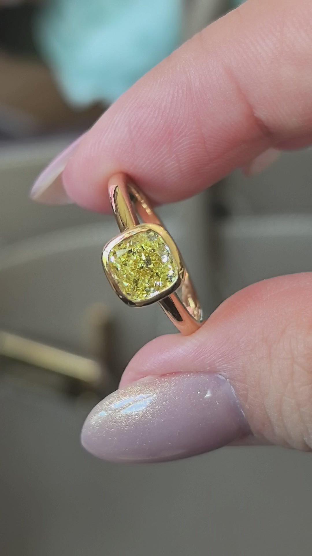 1.33ct 3.9g ezel Set Cushion Yellow Lab Diamond Ring | 14K Yellow Gold Minimalist Solitaire